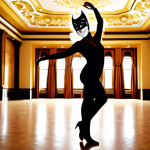 A solitary figure wearing a glamorous mask, dancing alone in a brightly lit ballroom. Focus on the contrast between the joyful setting and the person's expression of loneliness.