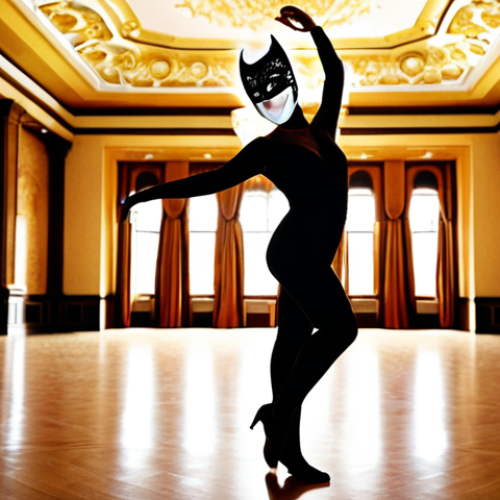 Home 14 A solitary figure wearing a glamorous mask, dancing alone in a brightly lit ballroom. Focus on the contrast between the joyful setting and the person's expression of loneliness.