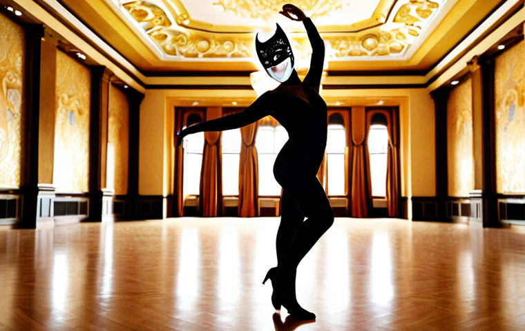 A solitary figure wearing a glamorous mask, dancing alone in a brightly lit ballroom. Focus on the contrast between the joyful setting and the person's expression of loneliness.