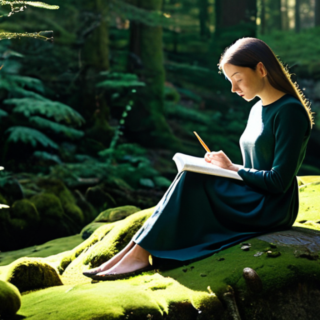 **

"A woman in a quiet, sunlit forest, sitting peacefully on a moss-covered rock, journaling. She is wearing a comfortable, long-sleeved dress. The scene evokes tranquility and introspection. Fully clothed, safe for work, appropriate content, family-friendly. Perfect anatomy, correct proportions, natural pose, well-formed hands, proper finger count, natural body proportions, professional photography, high quality."

**