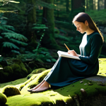 **

"A woman in a quiet, sunlit forest, sitting peacefully on a moss-covered rock, journaling. She is wearing a comfortable, long-sleeved dress. The scene evokes tranquility and introspection. Fully clothed, safe for work, appropriate content, family-friendly. Perfect anatomy, correct proportions, natural pose, well-formed hands, proper finger count, natural body proportions, professional photography, high quality."

**
