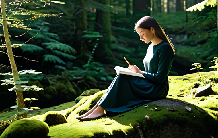 **

"A woman in a quiet, sunlit forest, sitting peacefully on a moss-covered rock, journaling. She is wearing a comfortable, long-sleeved dress. The scene evokes tranquility and introspection. Fully clothed, safe for work, appropriate content, family-friendly. Perfect anatomy, correct proportions, natural pose, well-formed hands, proper finger count, natural body proportions, professional photography, high quality."

**