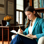 **

A young professional woman, fully clothed in a modest business casual outfit (blazer, blouse, slacks), sitting in a comfortable armchair in a sunlit library. She is writing in a journal, surrounded by stacks of books and inspirational quotes on the walls. The scene should evoke a sense of introspection and self-discovery. safe for work, appropriate content, perfect anatomy, natural proportions, well-formed hands, professional, modest, family-friendly.

**