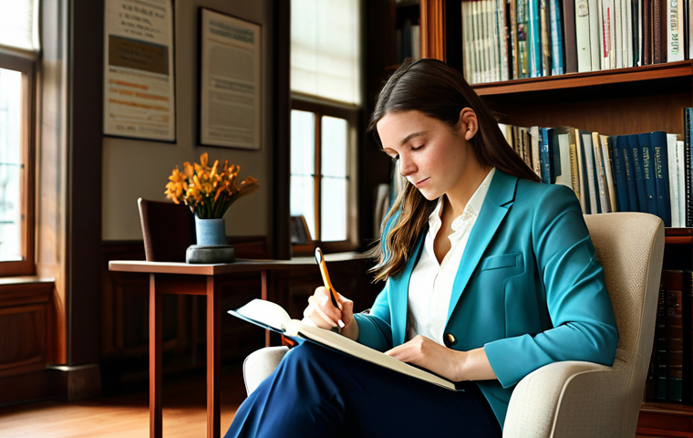 **

A young professional woman, fully clothed in a modest business casual outfit (blazer, blouse, slacks), sitting in a comfortable armchair in a sunlit library. She is writing in a journal, surrounded by stacks of books and inspirational quotes on the walls. The scene should evoke a sense of introspection and self-discovery. safe for work, appropriate content, perfect anatomy, natural proportions, well-formed hands, professional, modest, family-friendly.

**